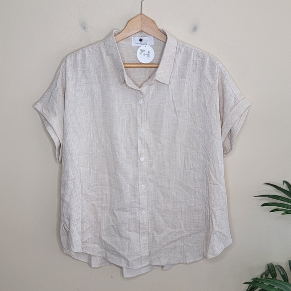NWT Everyday Chic Boutique | Cream Linen Blend Oversized Short Sleeve Button Top - Picture 1 of 5